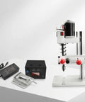 Compact Red Mini Bench Drill Press With Lever Operated Quill And Precision Adjustment Knobs, metal construction, voltage control