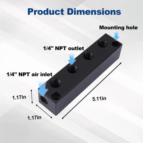 Shop Tough 6 Port Air Compressor Manifold Block With Quarter Inch Npt Fittings For Multiple Pneumatic Tool Lines Plug And Play Splitter Garage Essential dimensions with inlets and outlets highlighted.