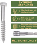 High Grade 25 Pc 1/4X2 Inch Hex Lag Screws Heavy Duty 304 Stainless Steel Rustproof Garden Flower Stand Hardware Tough As Nails Bolts With Clean Burr Free Finish For DIY Builds, with a hex socket drill bit.