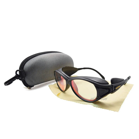 Top Shelf Two Pack Laser Safety Goggles Offering Tight OD5 Plus Blockage For 808 830 850 Nm Infrared Light with case and microfiber cloth.