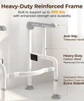Built Different Toilet Safety Rail With Glow Handles And Flip Up Arms For Seniors And Disabled Featuring 450 Lbs Support And No Wobble Design, showing heavy-duty carbon steel frame.