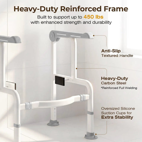 Built Different Toilet Safety Rail With Glow Handles And Flip Up Arms For Seniors And Disabled Featuring 450 Lbs Support And No Wobble Design, showing heavy-duty carbon steel frame.
