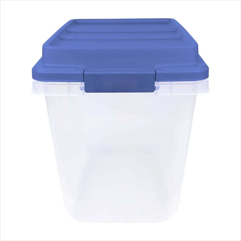 Kick Ass 32 Quart Clear Plastic Stackable Storage Bins With Blue Latching Lids front view showcasing transparent design and sturdy lid.