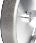 Close-up of Pro Grade 8 Inch Grinding Wheel With One Quarter Inch Radius 180 Grit CBN Five Eighths Inch Arbor for ferrous metals