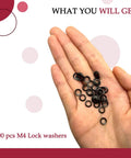No Flex 100 Piece Set Of M4 Wedge Locking Washers Made From Tough Heavy Duty Black 65 Manganese Steel With A Double Sided Grip For Construction And Home Fixes displayed in hand.