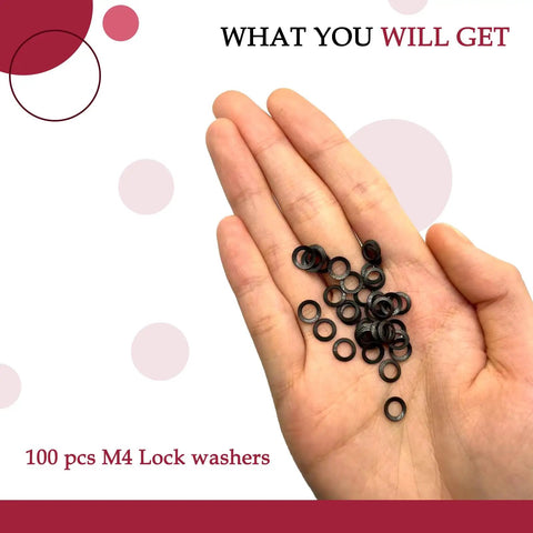 No Flex 100 Piece Set Of M4 Wedge Locking Washers Made From Tough Heavy Duty Black 65 Manganese Steel With A Double Sided Grip For Construction And Home Fixes displayed in hand.