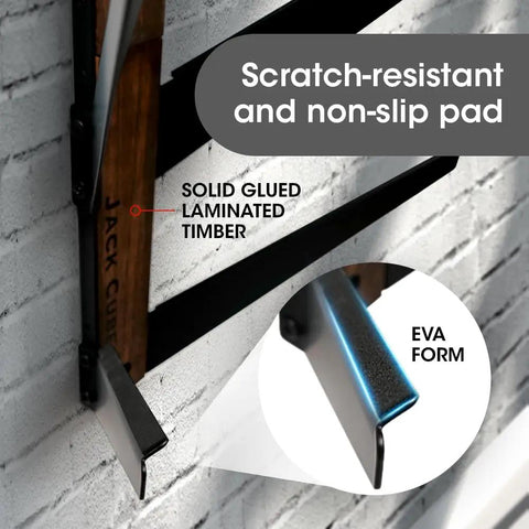 Five Tier Skateboard Wall Mount Rack With Rustic Wood And Black Steel Hooks For Tight Garages showing scratch-resistant EVA form pad details.