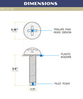 Dimensions of 10-32 Rack Screws 100 Pack Solid Zinc Plated Carbon Steel with Phillips head and plastic washer.