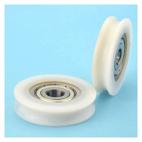 10 Pack U Groove Nylon Pulley Wheels Featuring Plastic Coated Bearings With A 12mm Bore And 60mm Diameter on blue background.