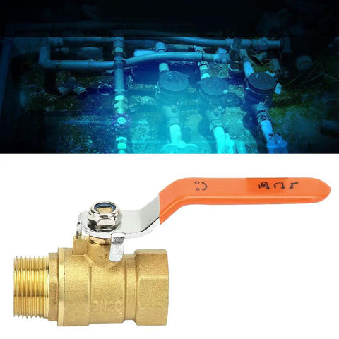 Heavy Duty Pro Level Hard Cast Brass Ball Shut Off Valve For Residential Plumbing And Water Systems installed with orange handle.