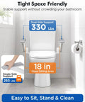 Built Tough Flip Up Toilet Safety Rails With Smooth 115 Degree Swing And Reliable Four Level Height Adjustments Delivers Solid 330 Pound Support in bathroom setting.
