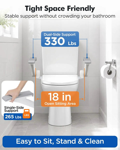Built Tough Flip Up Toilet Safety Rails With Smooth 115 Degree Swing And Reliable Four Level Height Adjustments Delivers Solid 330 Pound Support in bathroom setting.