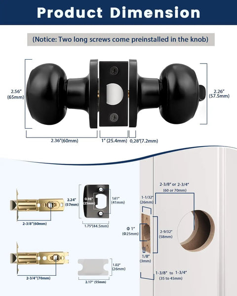 Detailed product dimensions for Heavy Duty Matte Black Privacy Door Knobs, Slick Round Keyless Interior Doorknobs For Bedroom And Bathroom.