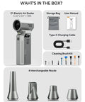 Powerful Cordless Air Duster kit with LED Display, brushless motor, storage bag, USB cable, brushes, and 4 nozzles
