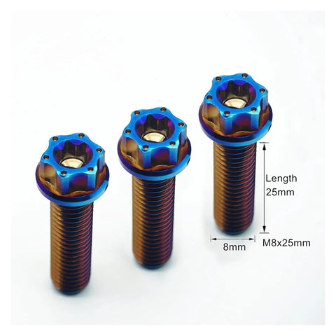 Top Shelf Grade 5 M8 Titanium Screws 4 Pack Burning Blue Torx Flange Head Bolts with 25mm length and 8mm diameter