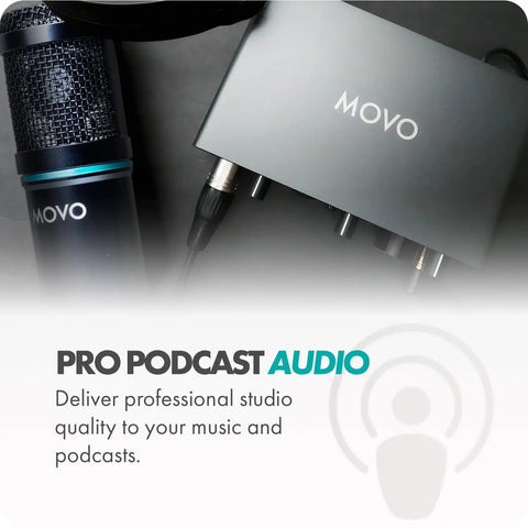Universal Cardioid Condenser Microphone Packed With MDX-1 2x2 Audio Interface Featuring Quality Studio Headphones And Tabletop Mic Stand For Those Craving Pro Grade Podcast Gear That Slays Streams, showing mic and audio interface.
