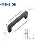 Dimensions for 10 Pack Solid 5 Inch Square Matte Black Kitchen Cabinet Handles For Cabinets And Drawers with installation screws shown