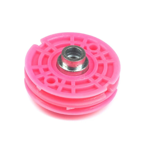 Close-up of a pink injection-molded pulley from Built Tough Window Regulator Repair Cord Kit for BMW 5 Series E39.