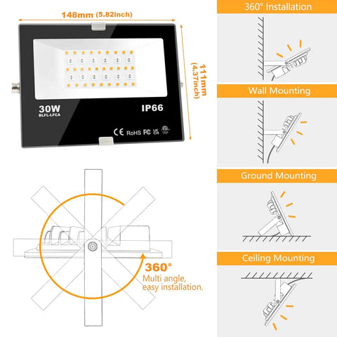 Smart Led Flood Light 30W RGB Color Changing Bluetooth App Control Outdoor Security Light 3000 Lumens with mounting options.