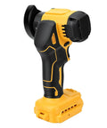 Badass Cordless Mini Circular Saw And Angle Grinder Combo Featuring A Brushless Motor That Delivers 12000 RPM showing black and yellow angle grinder with battery.
