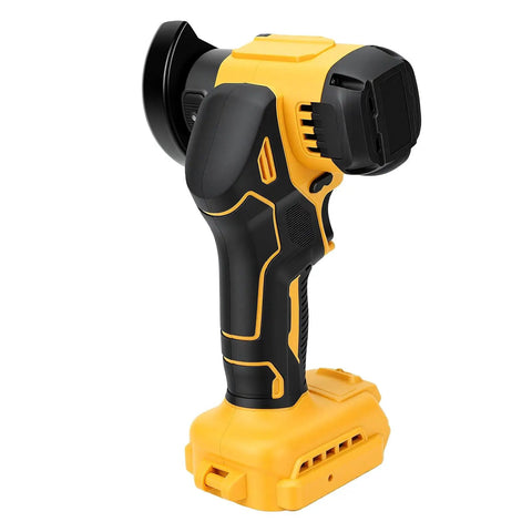 Badass Cordless Mini Circular Saw And Angle Grinder Combo Featuring A Brushless Motor That Delivers 12000 RPM showing black and yellow angle grinder with battery.