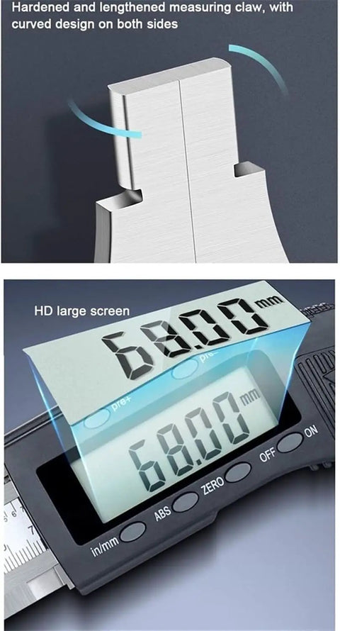 Digital Caliper 0-800mm/31.5 in,Long Jaw LCD Measuring Tool with Inch Metric Conversion showing measuring jaws and HD screen.