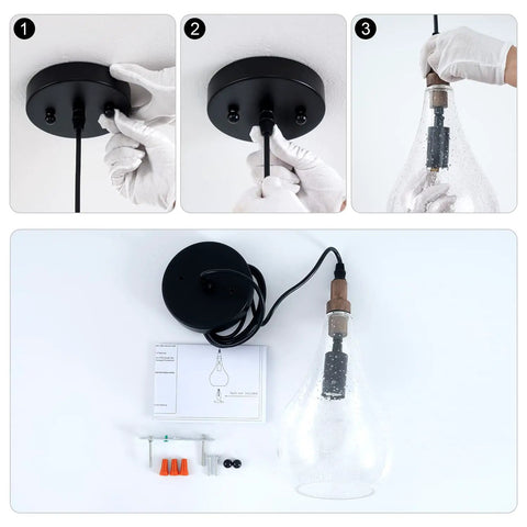 Installation guide for Cozy Farmhouse Seeded Glass Pendant Light With Wooden Teardrop Socket
