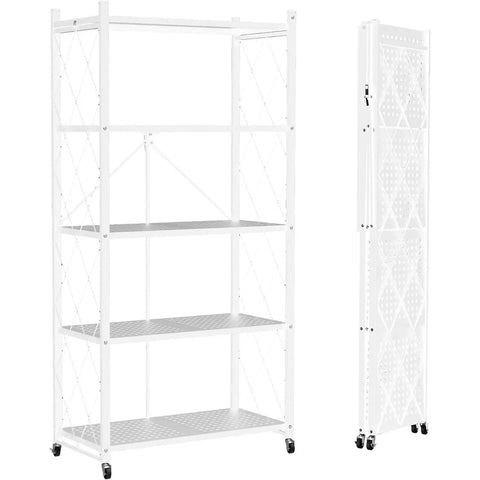 Rock Solid Metal Shelving Unit With Wheels Five Tier Folding Storage Rack built tough, white shelving unit with four shelves.