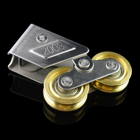 Heavy Duty Stainless Steel Sliding Door Rollers Featuring Double Wheel Pulleys For Bathroom Cabinets And Glass Panels in silver and gold finish.