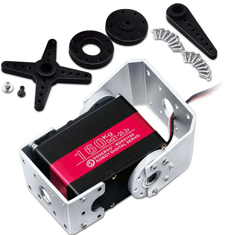 Beefy Torque 24V Robot Servo Motor With 180 Degree Swing And 185 Kg Cm Peak Torque Steel Gear Digital Steering, includes mount brackets and components.