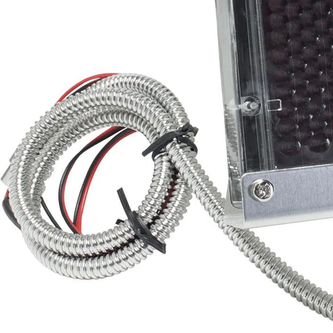 Badass Heavy Duty 12 Volt Solar Panel Battery Charger For Deer And Game Feeders High Efficiency Silicon Tech All Season Power Smooth Operation No Stress Outdoor Rig with metal conduit and piggyback wires.