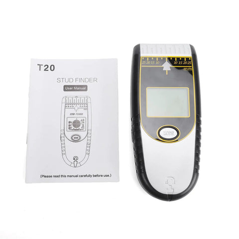 Fafeicy Digital Stud Finder with LCD Display, 7 Functions (Silver) next to user manual for easy reference.