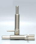 Top Shelf Stainless Steel Indexing Plunger With Screw Lever And Coarse M16 Thread For Rock Solid Positioning and Heavy Duty Fastening displayed from an angled view.