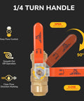 Half Inch Push To Connect Ball Valve Solid Brass Plumbing Shutoff For Pex And Cpvc Tubing Tool Free Quick Click Install, showing 1/4 turn handle.