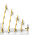 Top Tier Brushed Gold Cabinet Pulls 10 Pack 5 Inch Center To Center Modern Kitchen Cupboard Drawer Handles displayed in various sizes.