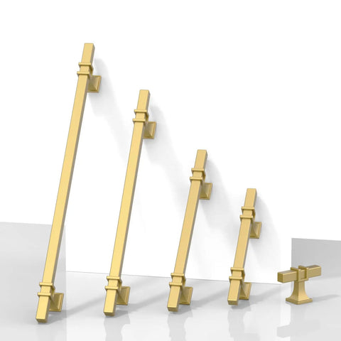 Top Tier Brushed Gold Cabinet Pulls 10 Pack 5 Inch Center To Center Modern Kitchen Cupboard Drawer Handles displayed in various sizes.