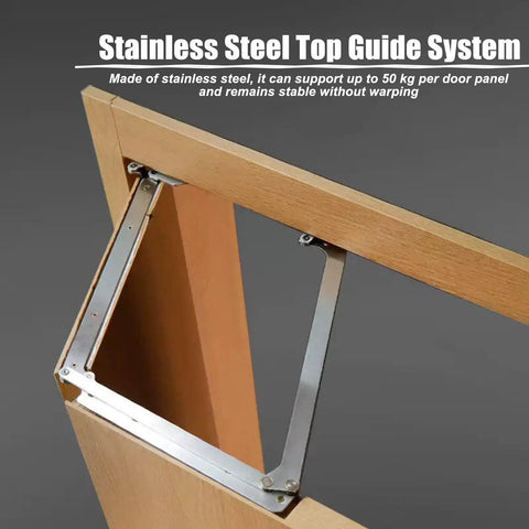 No Sweat 180 Degree Folding Door Hardware Heavy Duty Wall Hugger Pivot Hinge Kit full view of stainless steel top guide system.