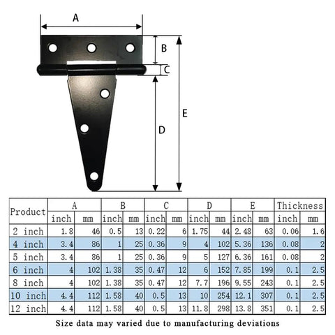 Heavy Duty T Hinge T Strap Gate Barn Fence Door Rustproof Black Metal Hinges With Counterbore M4 Screws 4 Pack 6 Inch dimensions chart