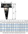 Size chart and dimensions for heavy duty T hinge tee strap for shed gate barn fence door hinge wrought rustproof black 12 inch