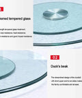 Round Lazy Susan Tempered Glass Turntable Runs Buttery Smooth Heavy Duty Slick Construction Crystal Clear Finish Total Game Changer For Family Dinners And Modern Kitchen Tables 35 To 39 Inches Wide, showcasing thickened tempered glass.