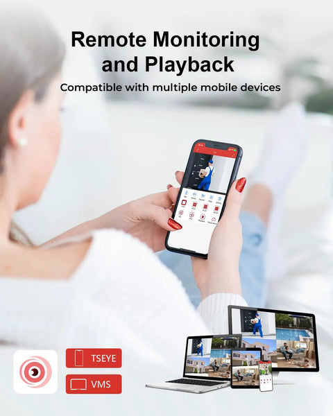 Person using smartphone for remote access on 8 Channel 1080P Wired Security Camera System Plus 4 Outdoor 5MP Cameras, 1TB DVR.