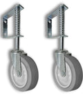 Heavy Duty Spring Loaded Gate Caster Wheels Four Inch Thermo Rubber Two Pack Two Eighty Pound Capacity Rolls Smooth On Concrete Or Driveways For Yard Gates Zero Hassle Today, side view of two caster wheels.