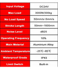 Technical specifications for Straight Up Heavy Duty 2 Piece Linear Actuator Kit With Sync Control Board 24V DC and 3000N load.