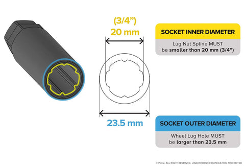 Diagram showing Large 6 Spline Lug Nut Socket Key For Custom Truck And Suv Rides 20.6Mm Bore specifications.