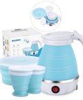 On The Go Portable Electric Kettle 600ml Foldable Tea Coffee Kettle With Collapsible Cup Set BPA Free Blue for Camping and Office