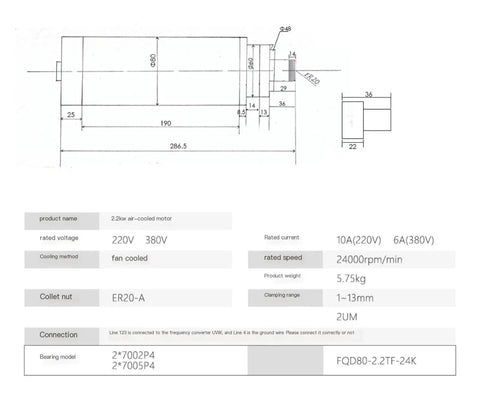 Technical drawing of Rock Solid 2.2Kw Air Cooled Spindle Motor With ER20 Collet And Four Bearing Setup dimensions and specifications.