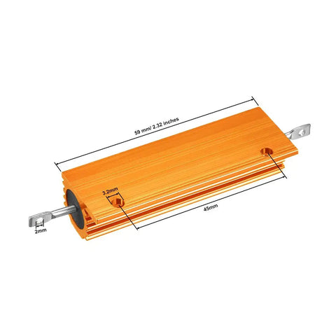 Pack Of Two Rock Solid 100 Watt Wirewound Resistors 10 Ohm Aluminum Case Heat Dissipating Mount displayed with dimensions