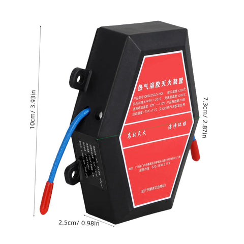 Hella Compact Self Activating Automotive Fire Extinguisher Straight Up Rapid Flame Suppressant Aerosol Emergency Kit side view with blue and red nozzle