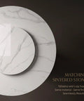 Built Tough 47 Inch Round Dining Table With White Sintered Stone Top And Legit Smooth Rotating Lazy Susan For Chowing Down With Two To Six Guests Hangout Style, featuring white marbled tabletop and lazy Susan.