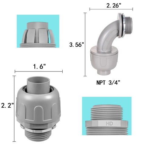 32 Pack Three Quarter Inch Liquid Tight NPT Non Metallic PVC Conduit Fittings with 90 Degree and 180 Degree Nylon Connectors UL Listed Includes Dome Nut O Ring and Steel Lock Nut Gray - dimensional views